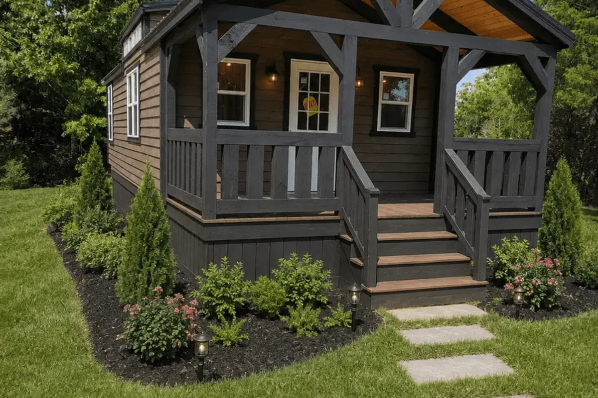 Rendering of a dark timber cabin with a covered porch, steps and planted borders, set among trees